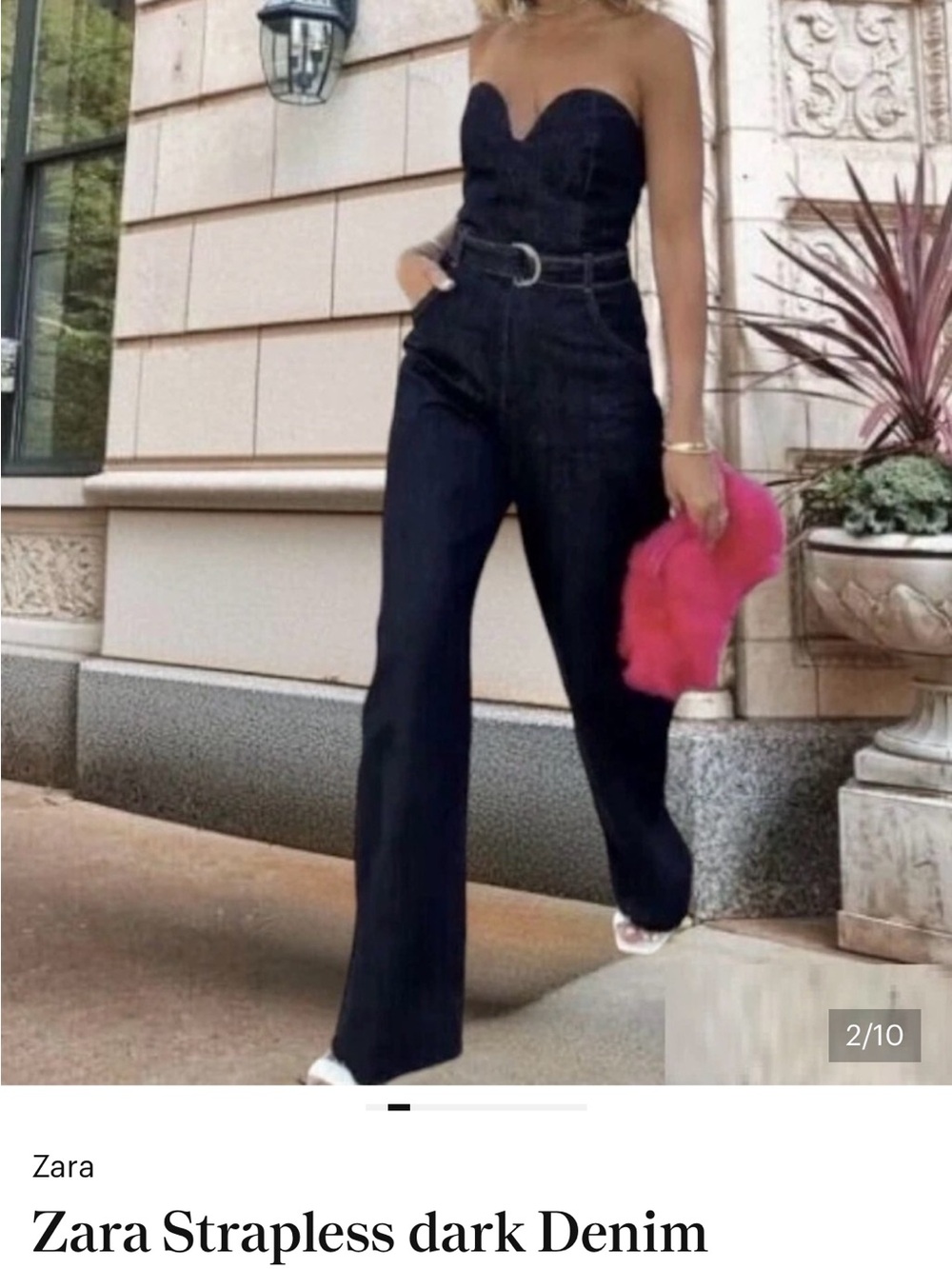 Zara Dark Blue Strapless Wide-Leg Denim Jumpsuit with Belt Size S